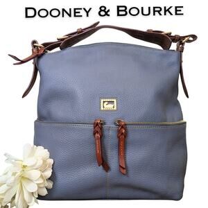 Dooney & Bourke Dillen Hobo Bucket Shoulder Bag Large Blue Leather Brown Trim